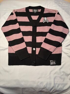 Tim Burton Corpse Bride x Killstar Pink and Black Striped Cardigan with Skull XL